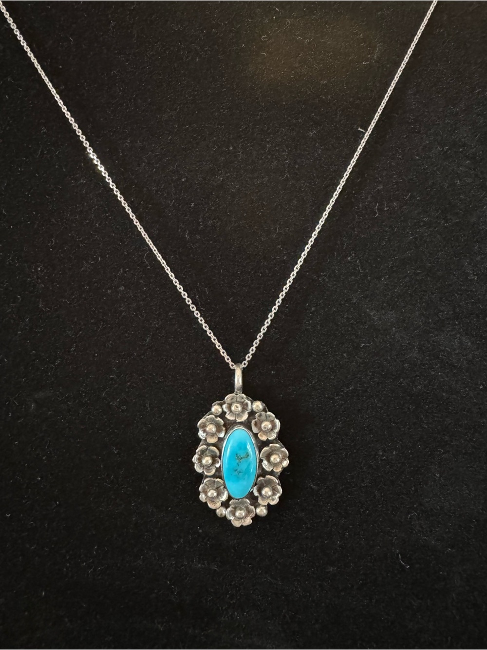 Vintage Sterling Silver Turquoise Floral Pendant Necklace - 18” Italy 925 Chain